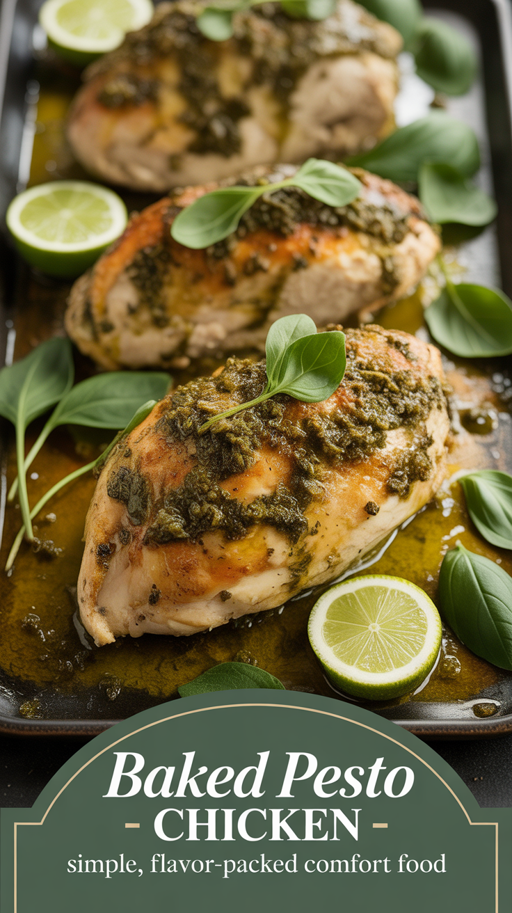 Pinterest pin for Baked Pesto Chicken - Simple, Flavor-Packed Comfort Food