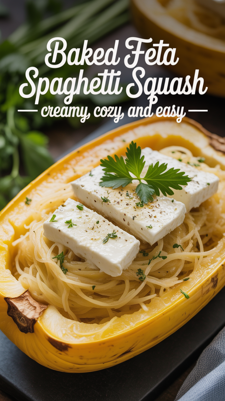Pinterest pin for Baked Feta Spaghetti Squash - Creamy, Cozy, and Easy