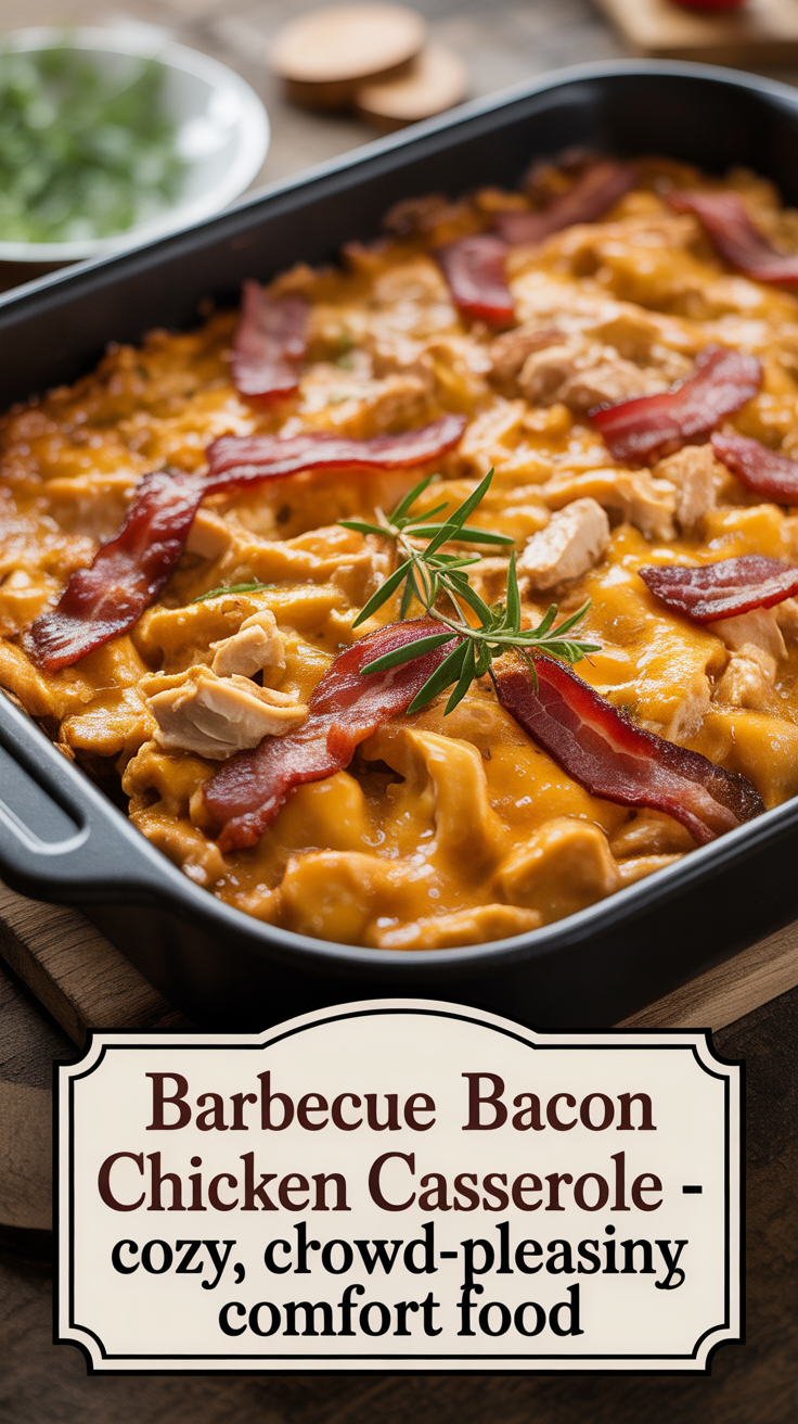 Pinterest pin for Barbecue Bacon Chicken Casserole - Cozy, Crowd-Pleasing Comfort Food