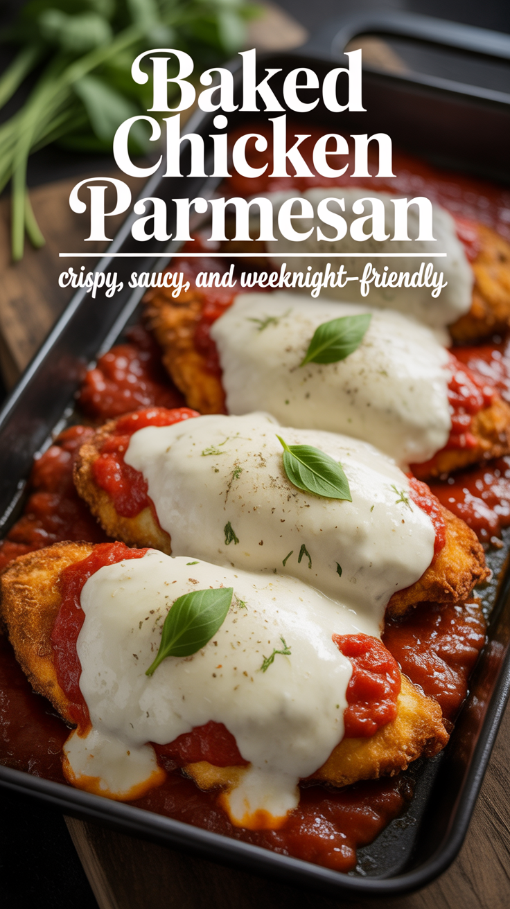 Pinterest pin for Baked Chicken Parmesan - Crispy, Saucy, and Weeknight-Friendly
