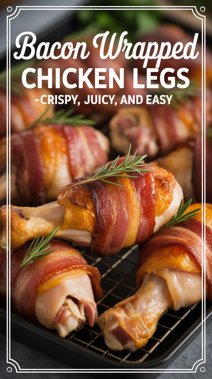 Pinterest pin for Bacon Wrapped Chicken Legs - Crispy, Juicy, And Easy