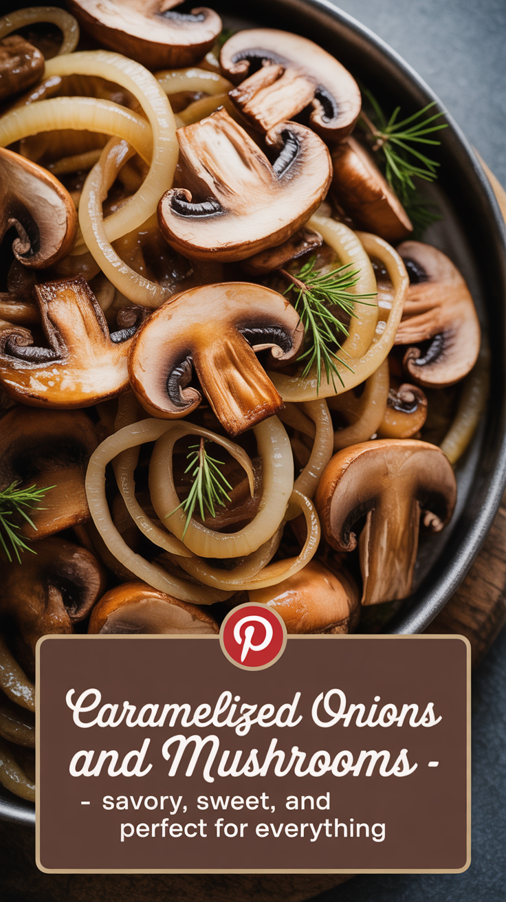 Pinterest pin for Caramelized Onions And Mushrooms - Savory, Sweet, And Perfect For Everything