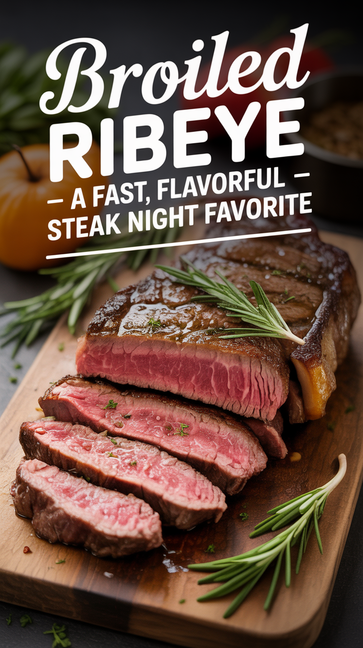 Pinterest pin for Broiled Ribeye - A Fast, Flavorful Steak Night Favorite