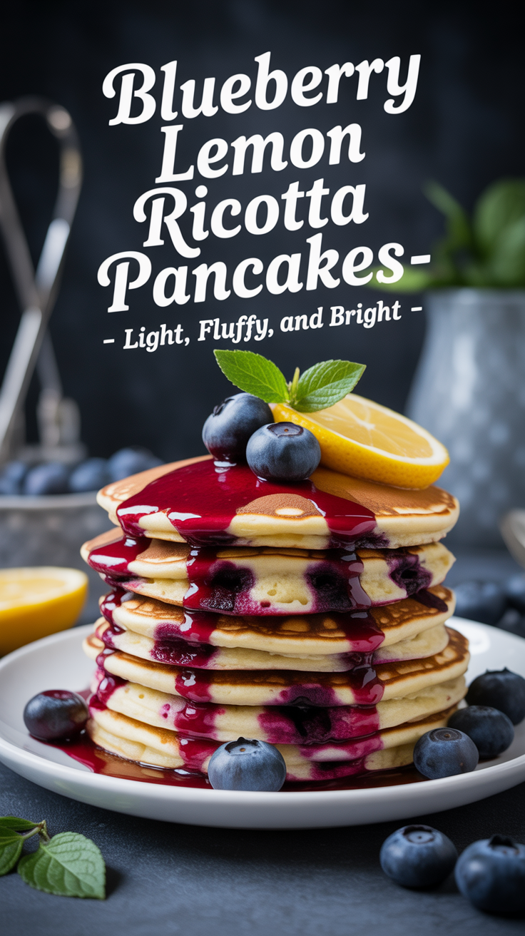 Pinterest pin for Blueberry Lemon Ricotta Pancakes - Light, Fluffy, and Bright